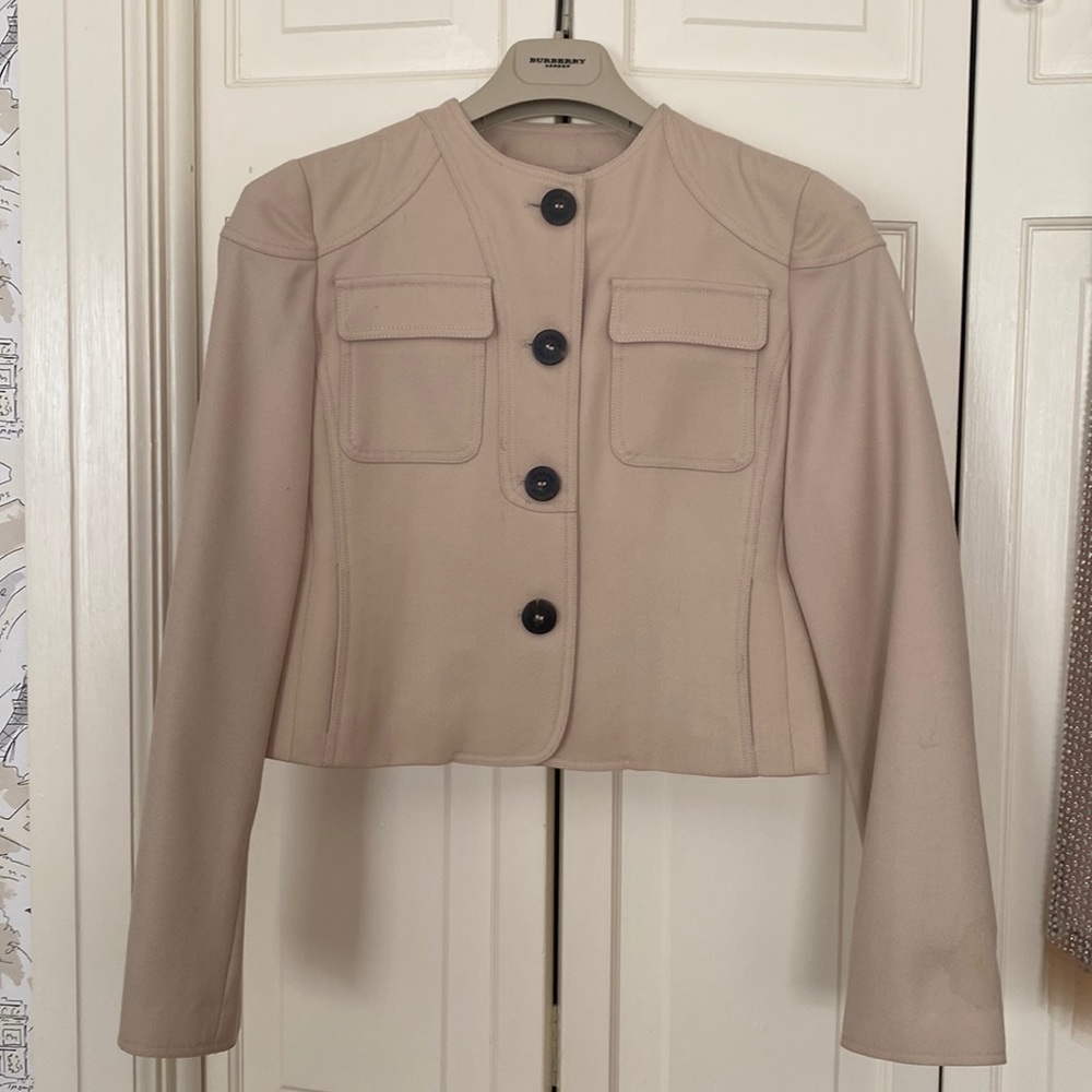 Burberry Beige Crewneck Boxy Jacket with Black Buttons